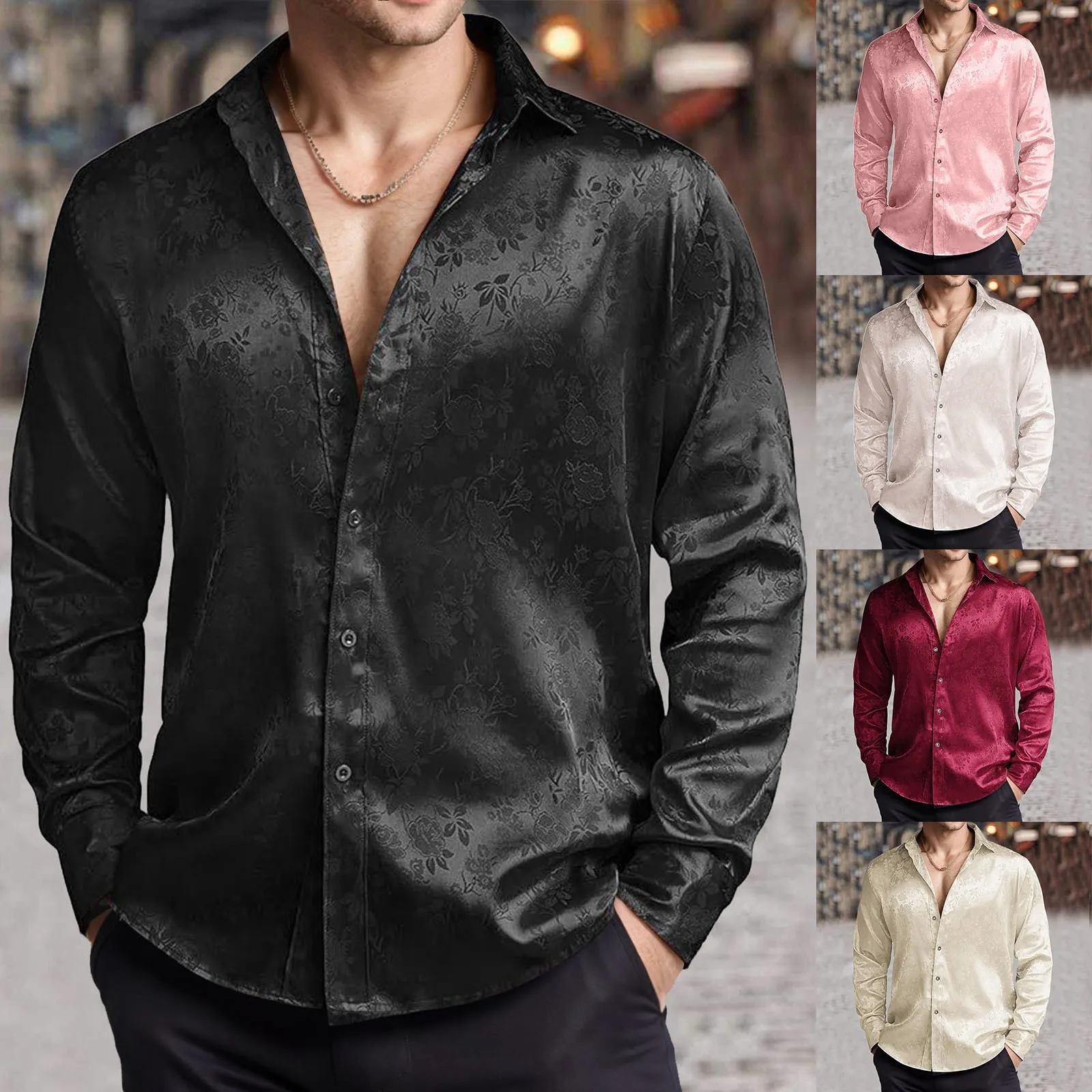 Mens Satin Silk Dress Shirt - Camisa de vestir de satén de