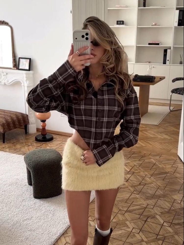 Mens Linen Shirt Long Sleeve - Blusa a cuadros para mujer, cuello