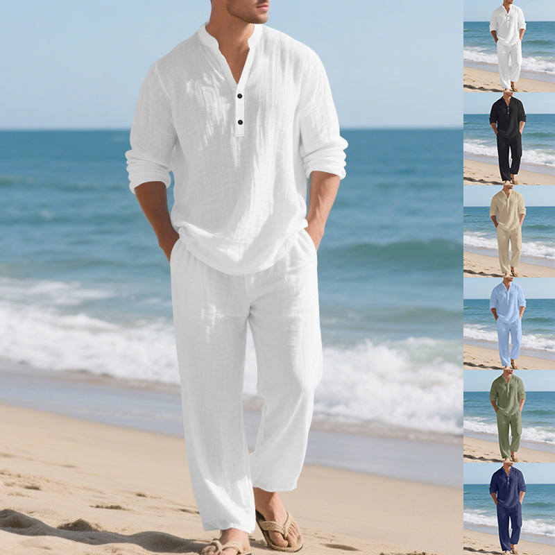 Mens Linen Shirt Long Sleeve - Traje de lino de otoño para