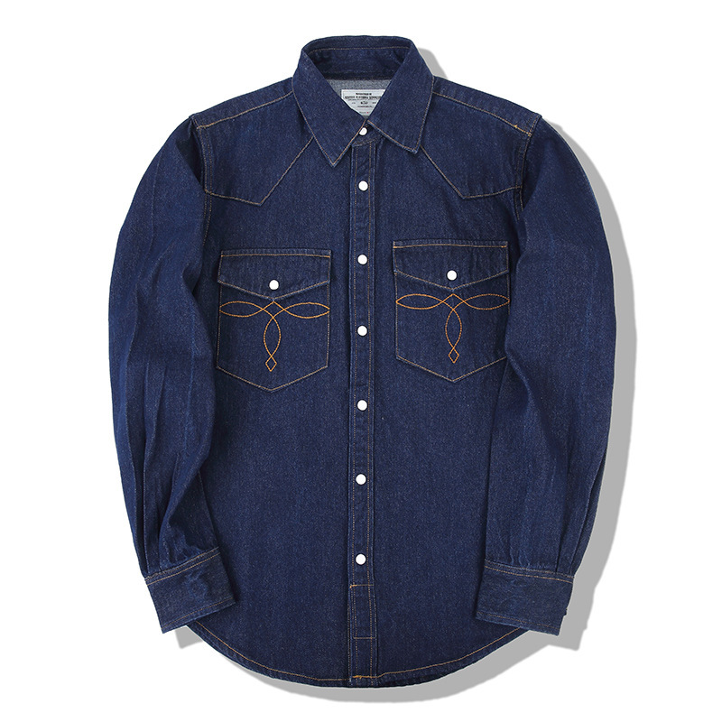 Mens Western Denim Pearl Snap Shirt - Camisa de mezclilla vintage American Wash