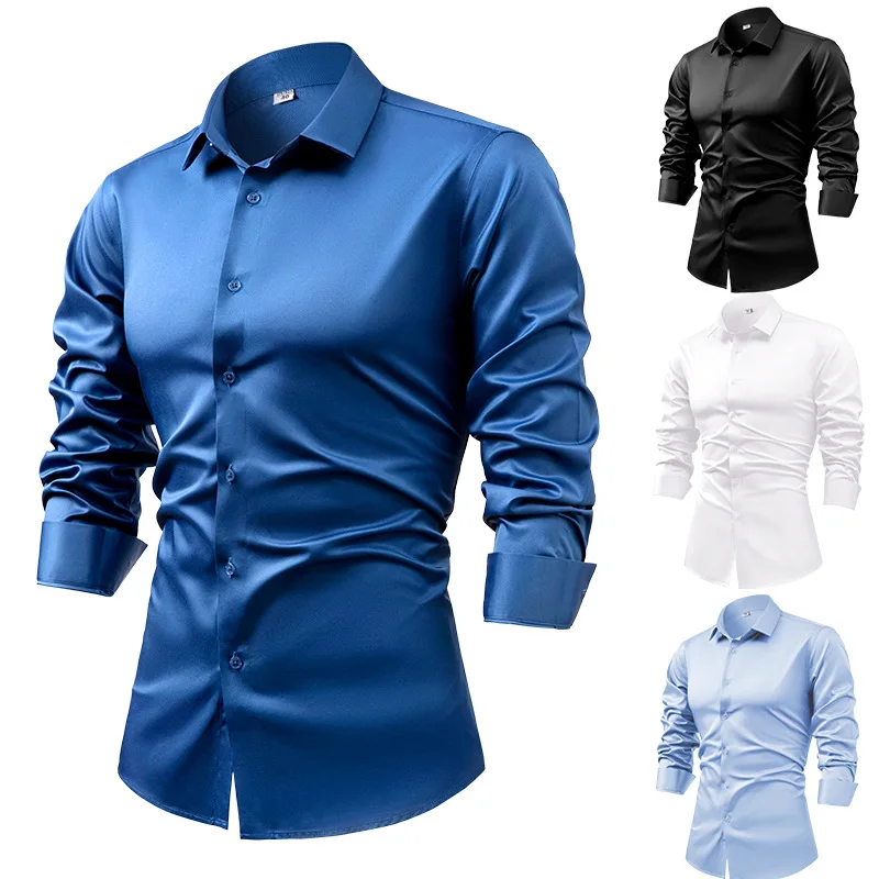 2025 Camisas de vestir de mang - Mens Satin Silk Dress Shirt reseña y precio